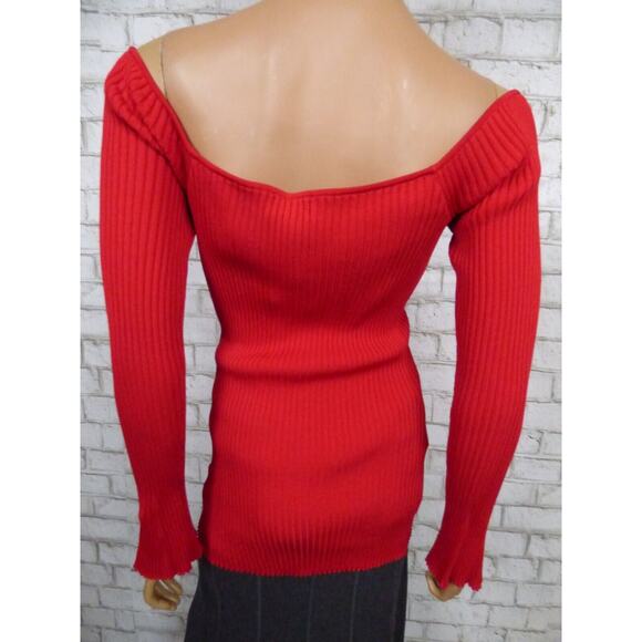 $198 MLM Label Red Ribbed Long Bell Sleeve Off Shoulder Indiana Sweater M NWT - Picture 9 of 11
